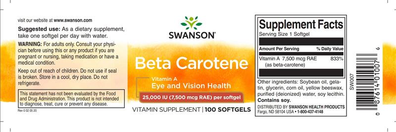 Beta Carotene (Vitamin A) 25.000UI 100 capsule Swanson