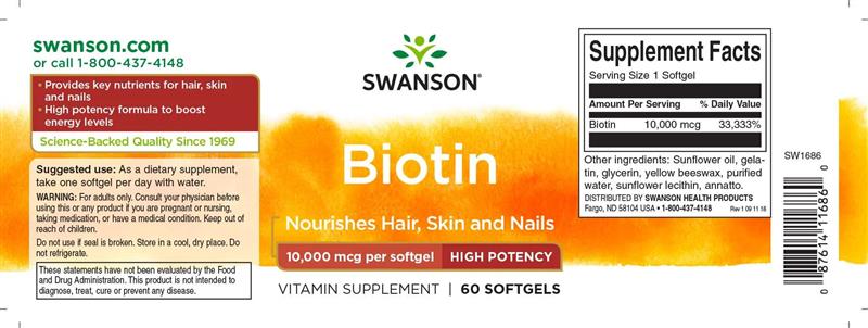 Biotin 10 miligrame 60 capsule Swanson