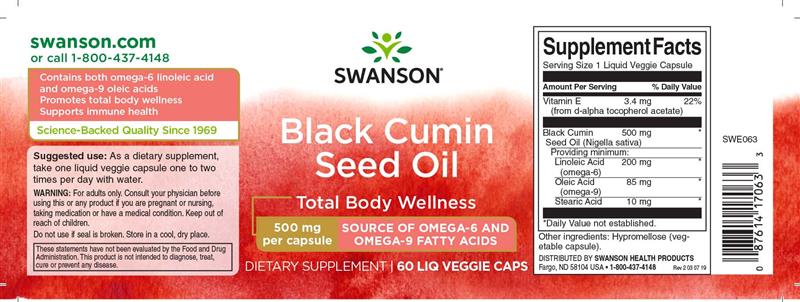 Black Cumin Seed Oil (Chimen Negru) 500 miligrame 60 capsule Swanson