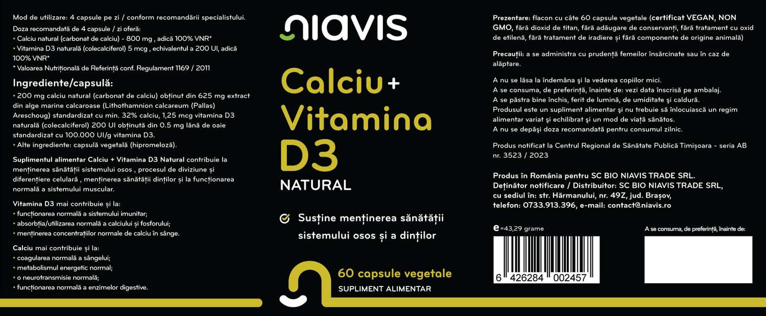 Calciu + Vitamina D3 Natural 60 capsule Niavis