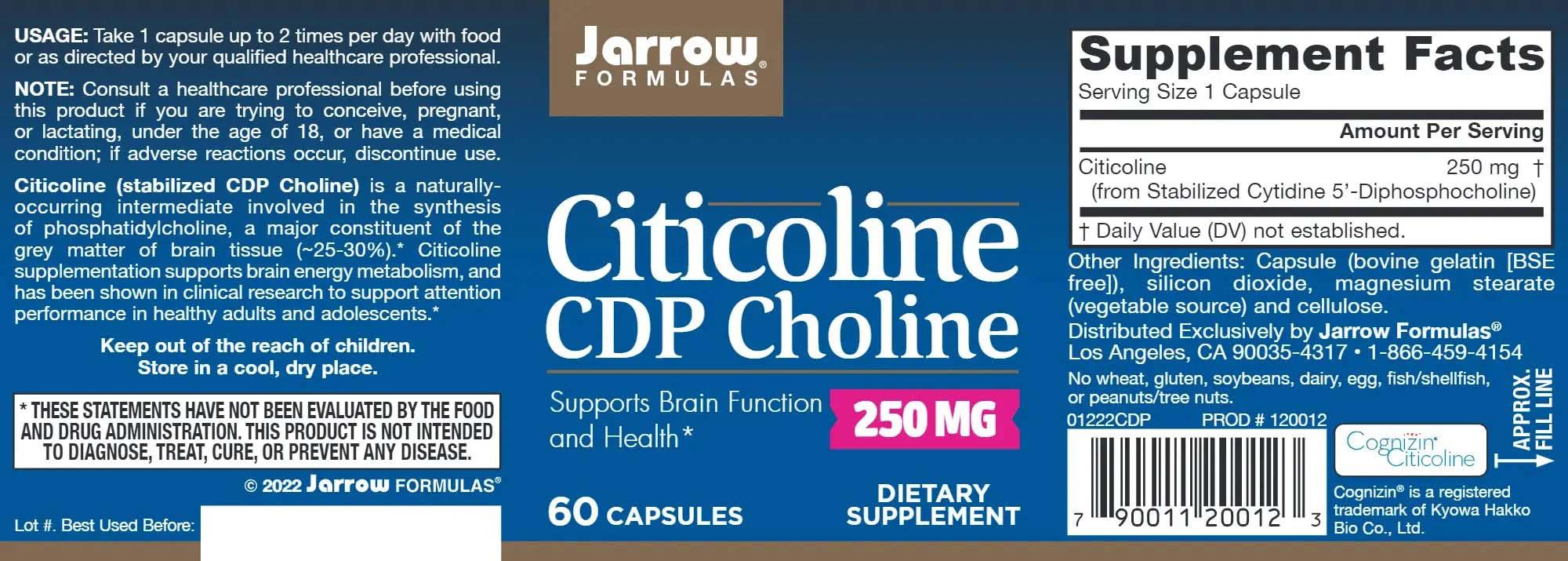 Citicoline CDP Choline 250 miligrame 60 capsule Jarrow Formulas