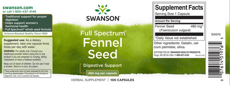 Full Spectrum Fennel Seed (Seminte de Fenicul) 480 miligrame 100 capsule Swanson