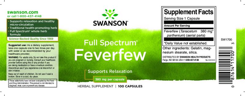 Full Spectrum Feverfew (Splicuta) 380 miligrame 100 capsule Swanson