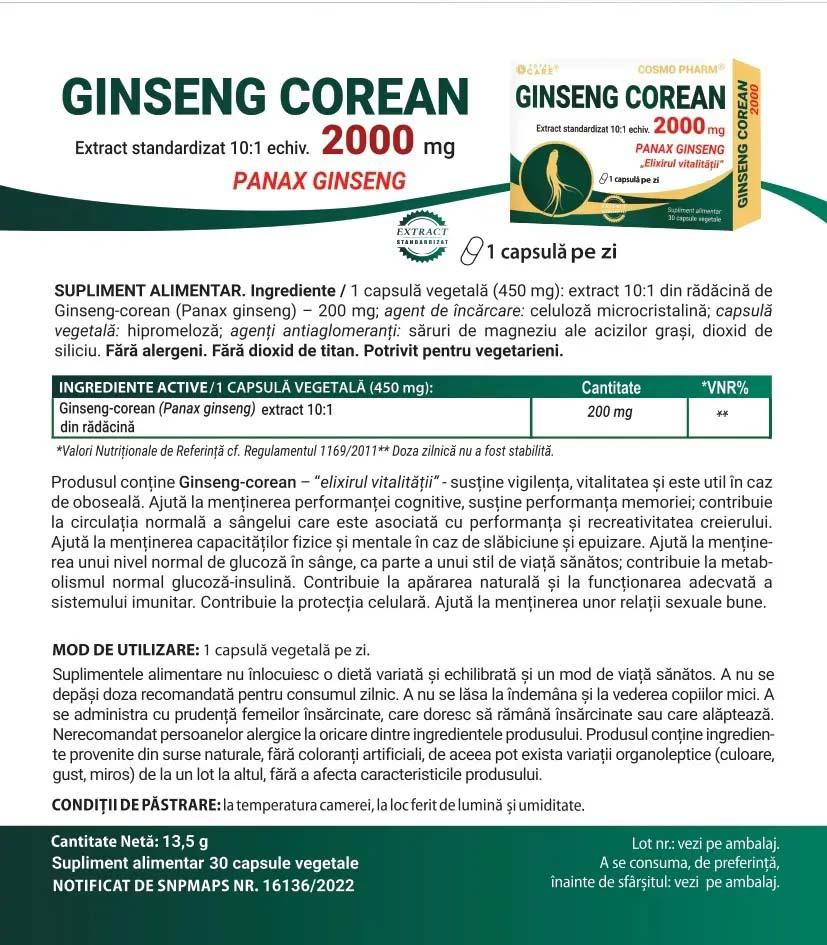 Ginseng Corean 2000 miligrame 30 comprimate Cosmo Pharm