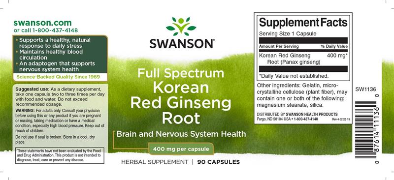 Ginseng Korean 400mg Swanson Vitaking 90cps