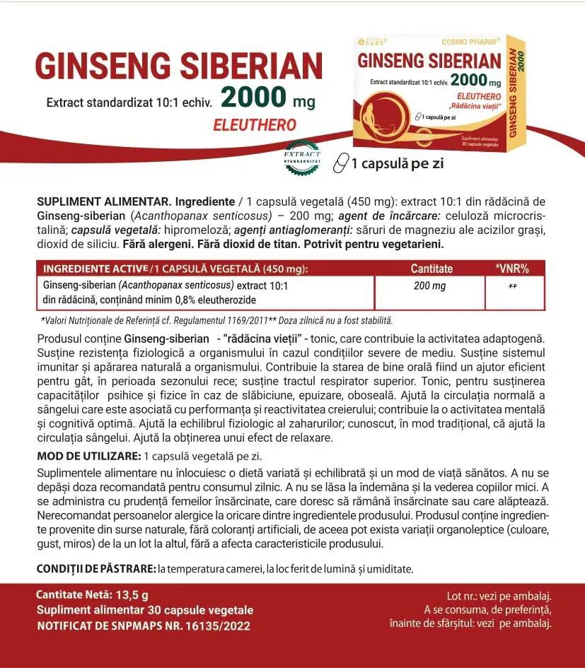 Ginseng Siberian 2000 miligrame 30 comprimate Cosmo Pharm