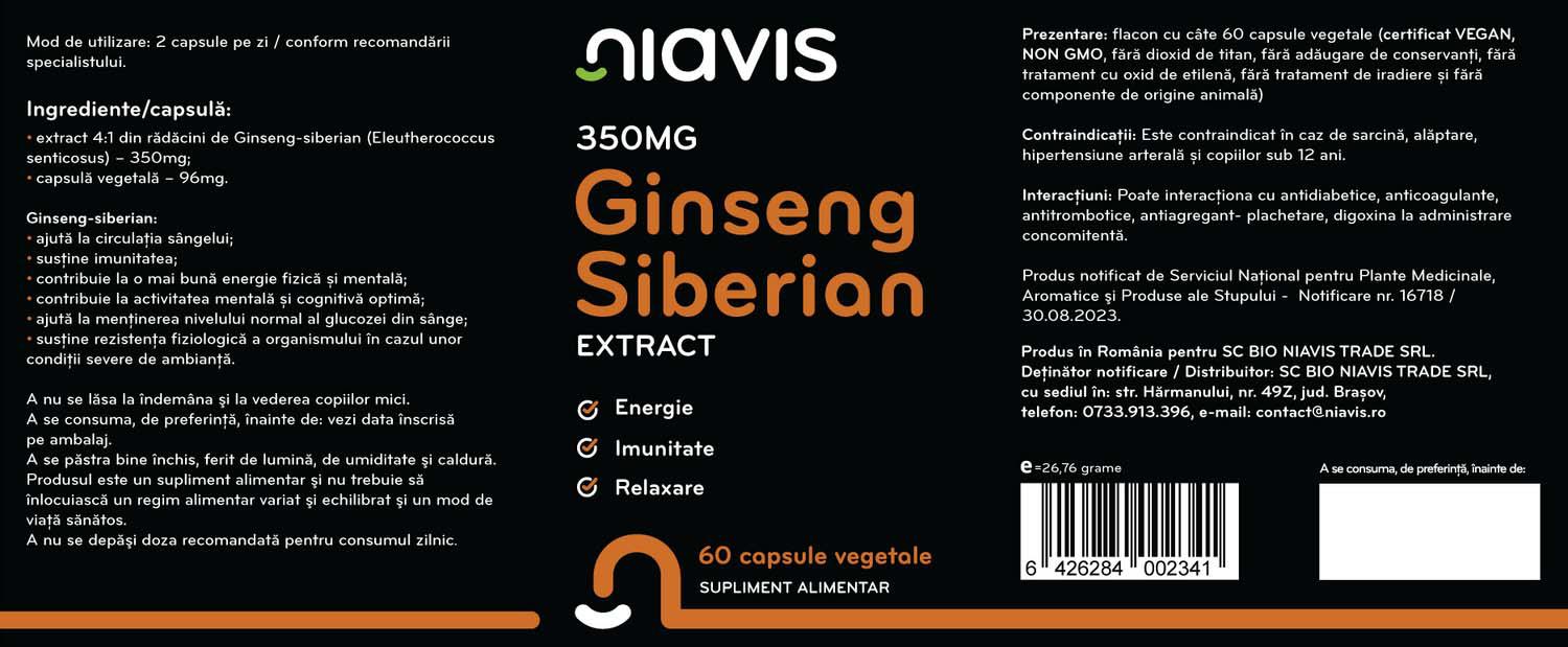 Ginseng Siberian Extract 350 miligrame 60 capsule Niavis