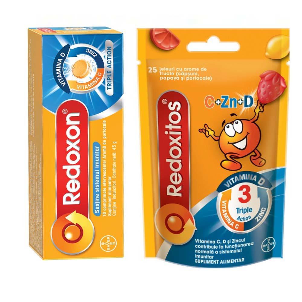 Pachet Redoxon Triple Action Vitamina C cu D si Zinc 10 comprimate + Jeleuri cu Vitamina C 30 miligrame Redoxitos Triple Action 25 bucati Bayer