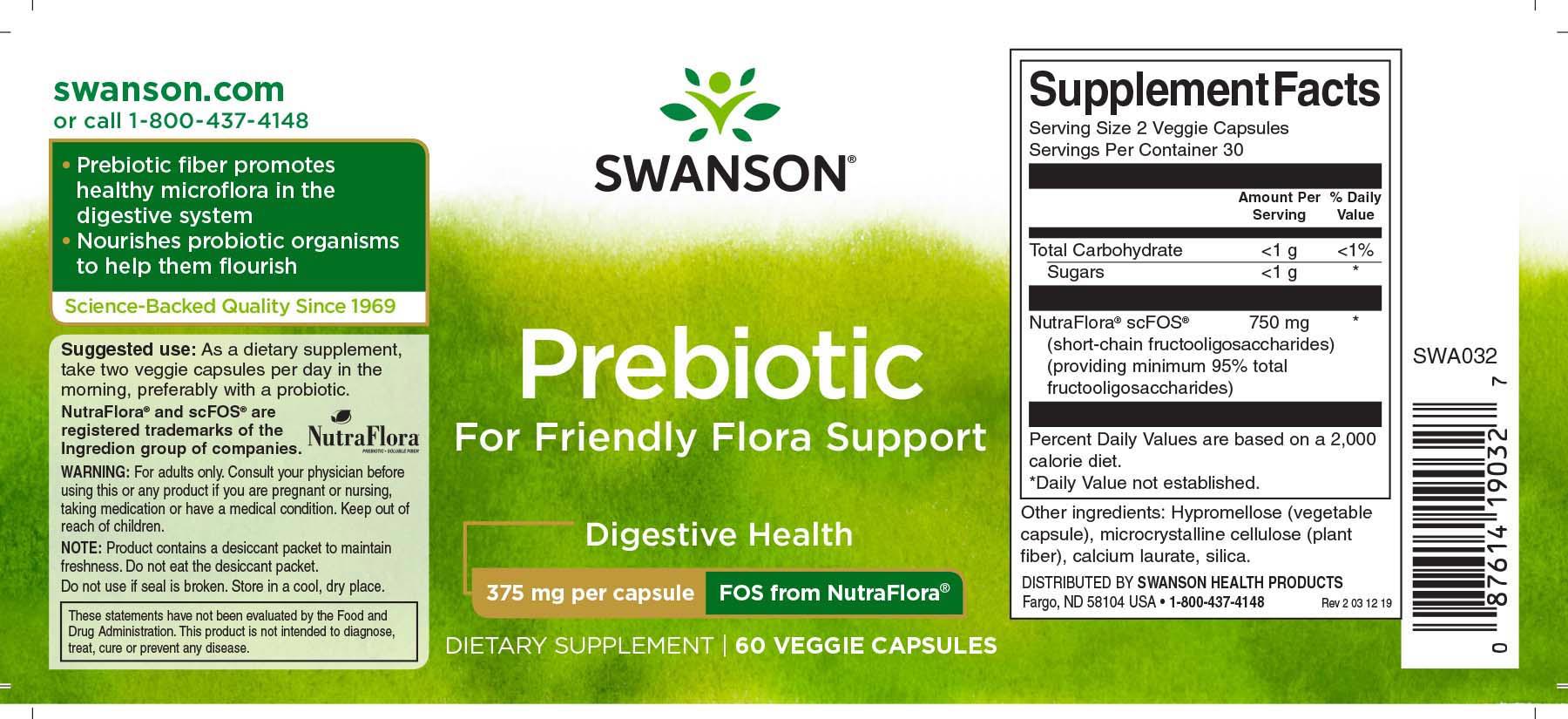 Prebiotic NutraFlora 375 miligrame FOS 60 capsule Swanson