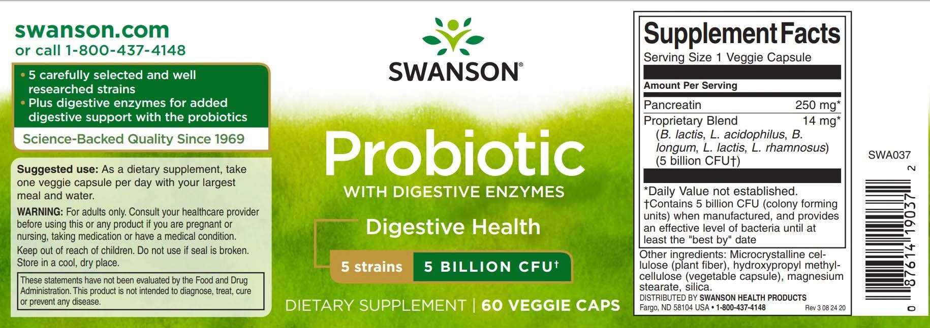 Probiotic With Digestive Enzymes 5 Billion CFU 60 capsule Swanson