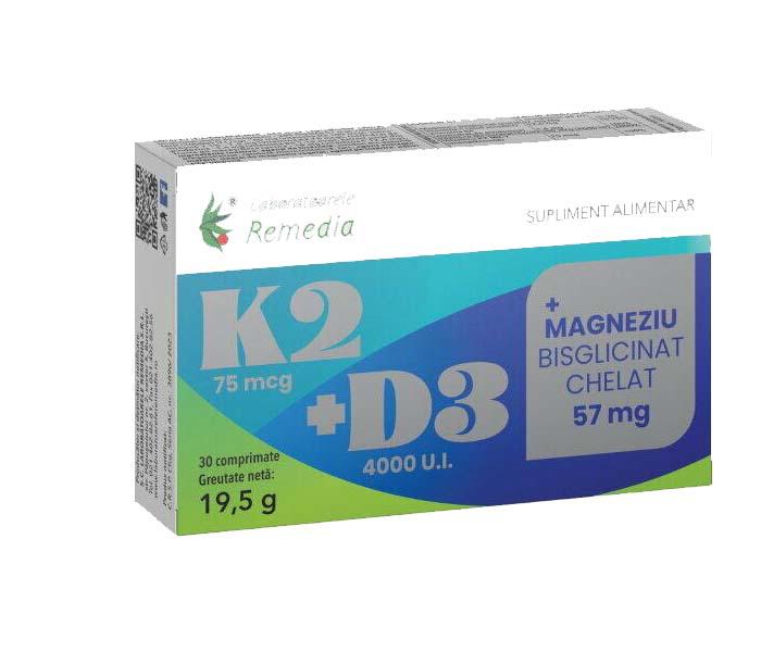 Supliment Alimentar K2+D3+Magneziu Bisglicinat Chelat 30 comprimate Laboratoarele Remedia