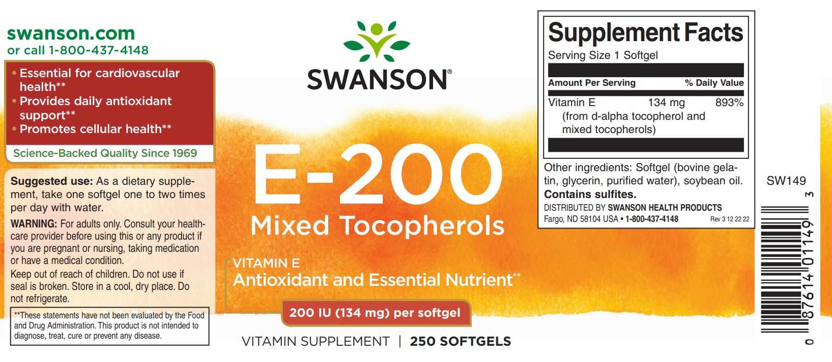 Vitamin E Mixed Tocopherols 200 IU 250 softgels Swanson