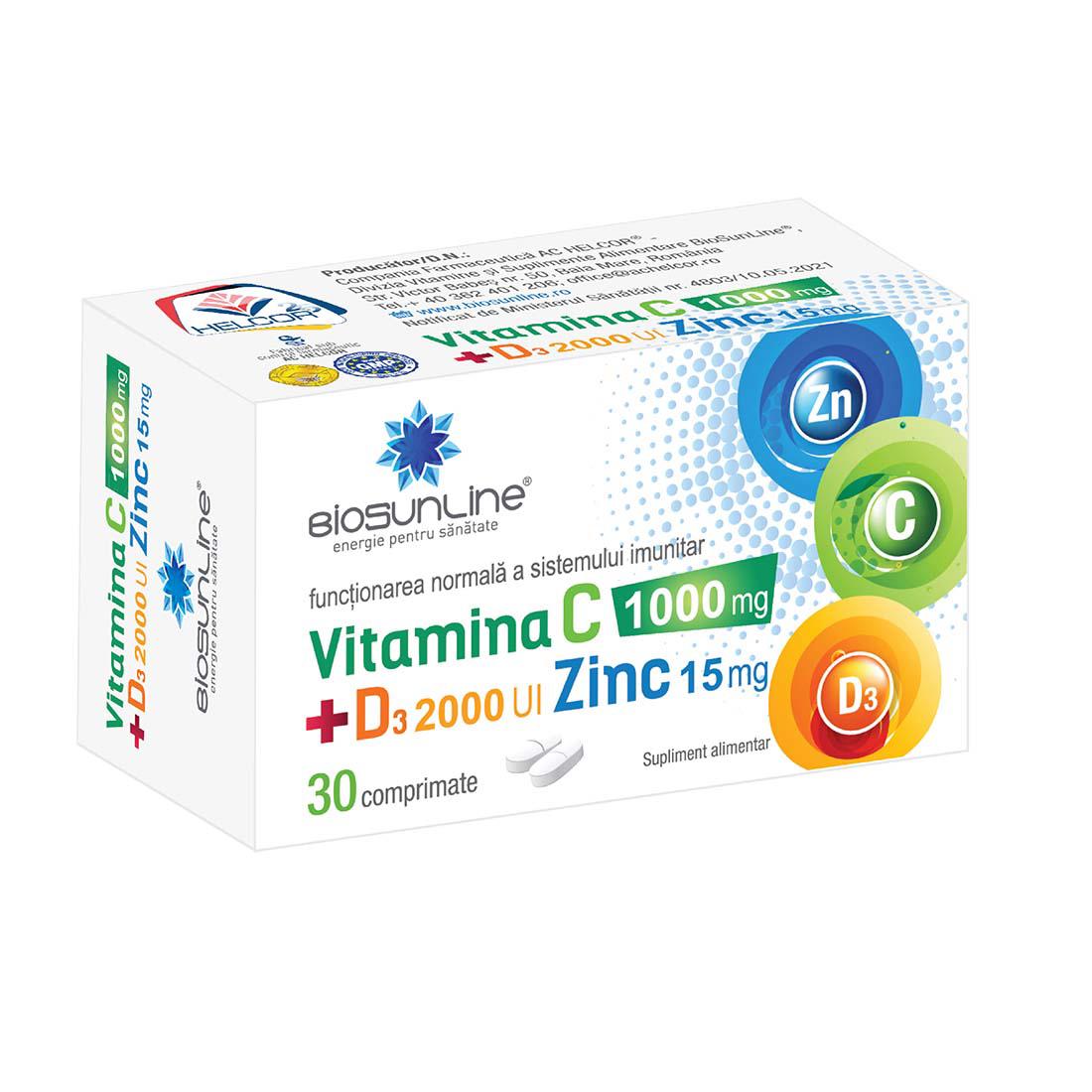 Vitamina C 1000 miligrame + D3 2000 UI + Zinc 15 miligrame 30 comprimate BioSunLine Helcor