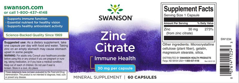 Zinc Citrate 30 miligrame 60 capsule Swanson