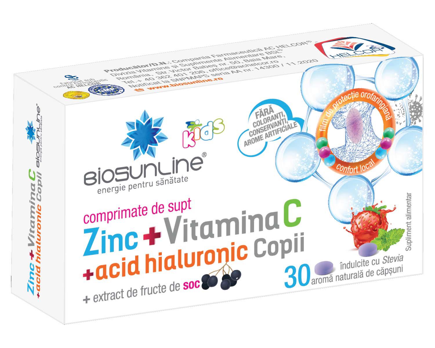 Zinc cu Vitamina C si Acid Hialuronic pentru Copii 30 comprimate de supt BioSunLine Helcor