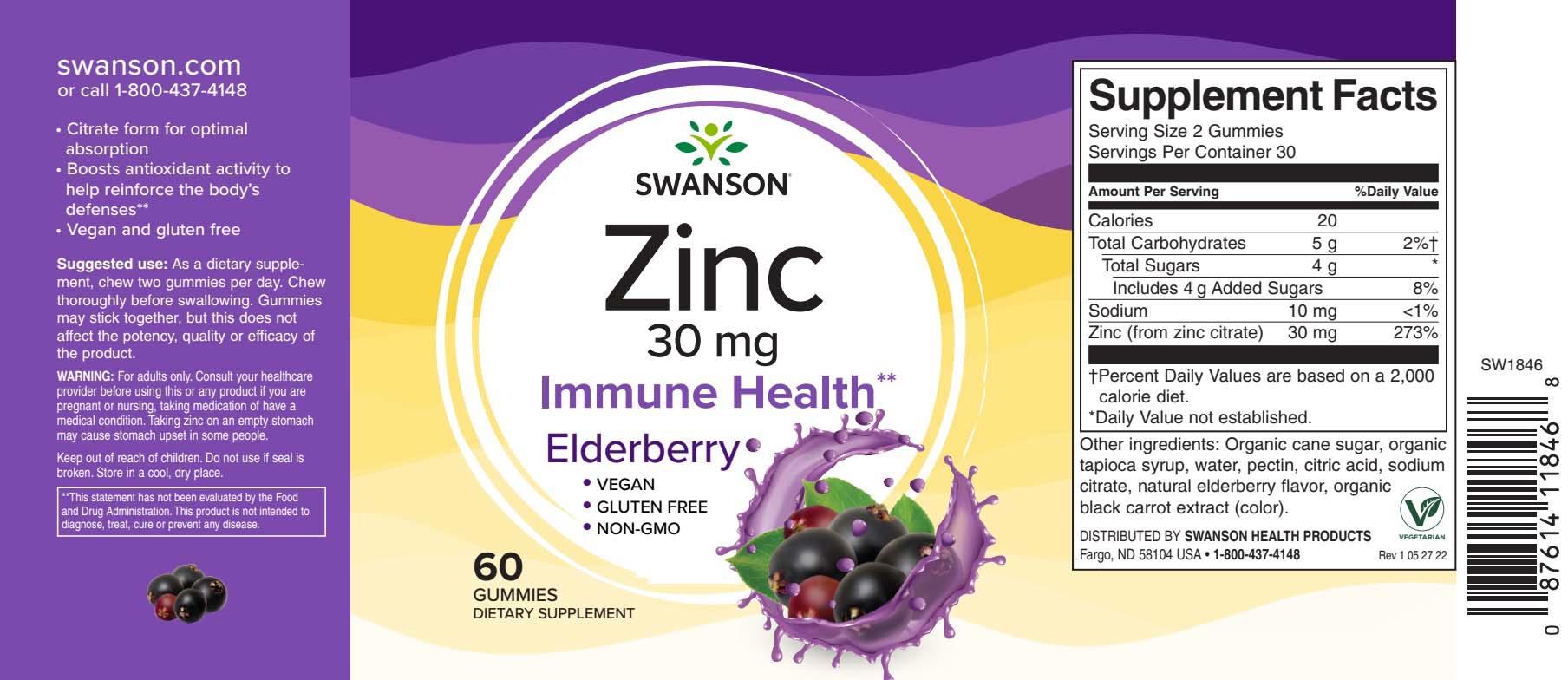 Zinc Gummies Elderberry 15 miligrame 60 Gummies Fructe de Soc Swanson